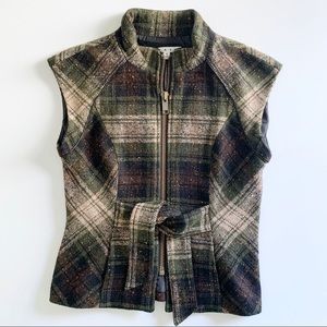 CAbi Wool-Blend Tweed Vest (S) Olive Plaid, Contoured Seams, Full Zip Front